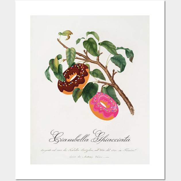 "Ciambella Ghiacciata" - Donut Tree; classic botanical art from Pomona Italiana updated with chocolate and strawberry donuts Wall Art by Ofeefee